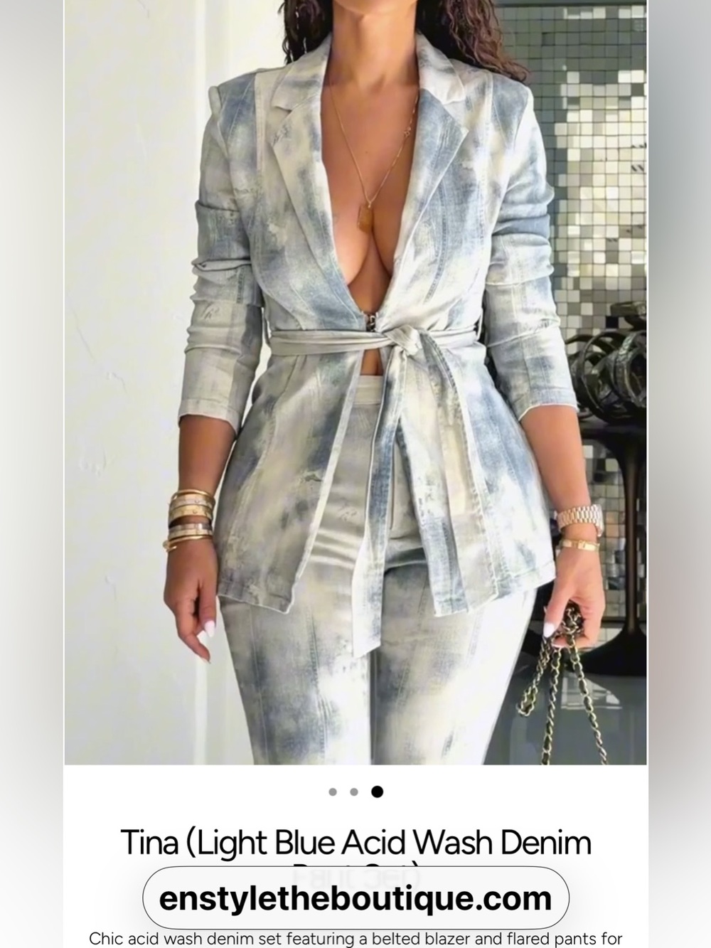 Light Blue Acid Wash Belted Blazer Set